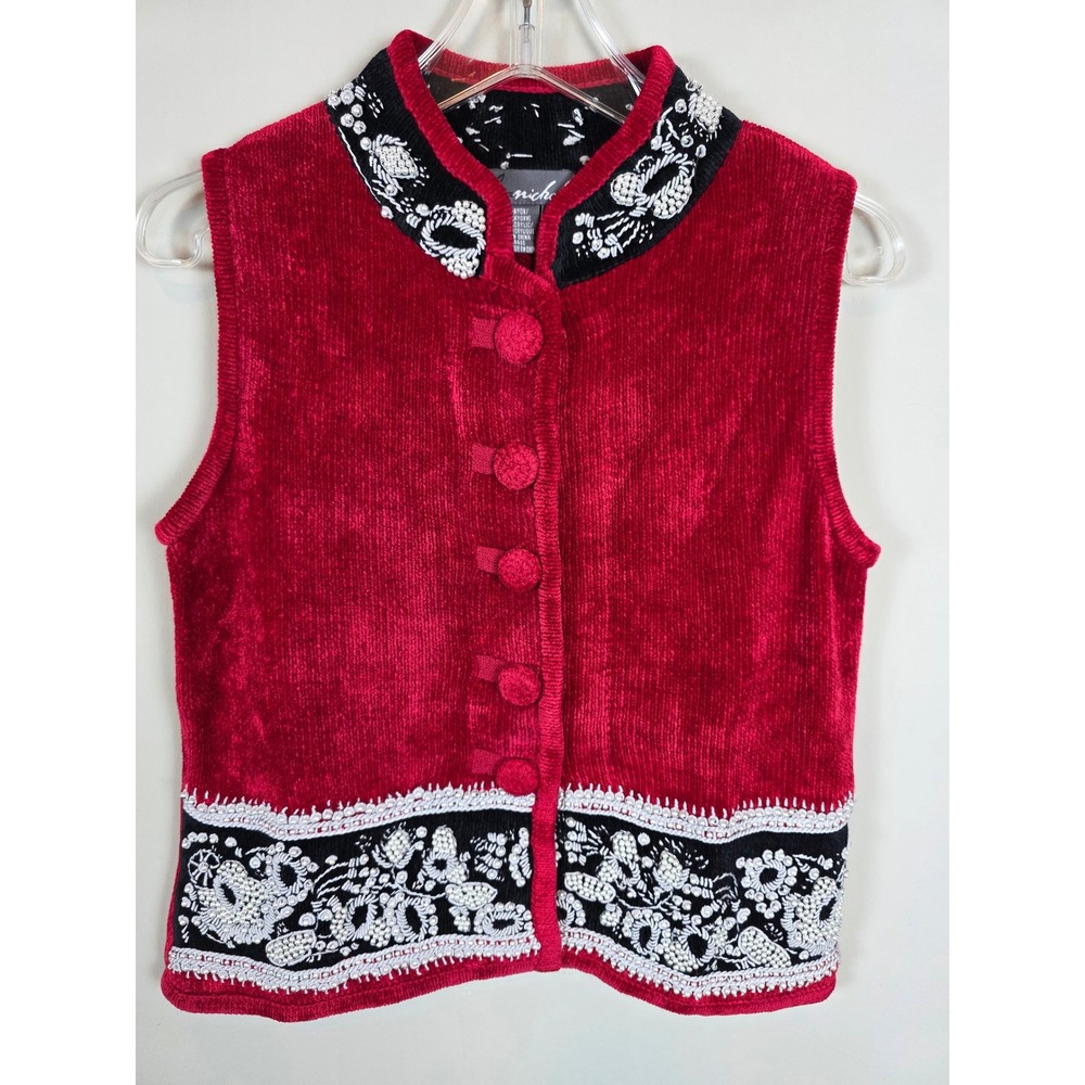 Lisa Nichols Women Red Velvet Embroidered Mandarin Collar Vest‎ Small